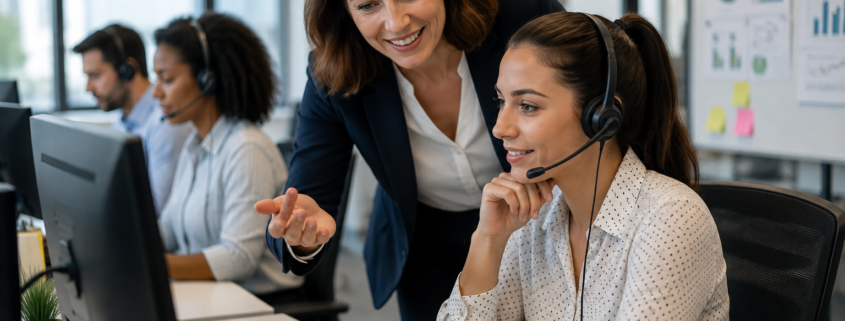 Manager de la relation client accompagnant une conseillère en centre de contact