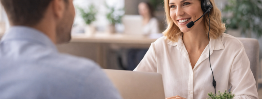 premier échange entre une conseillère clientèle souriante et un client dans un bureau lumineux