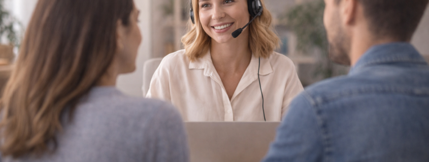 échange rassurant entre une conseillère clientèle souriante et un couple dans un bureau lumineux