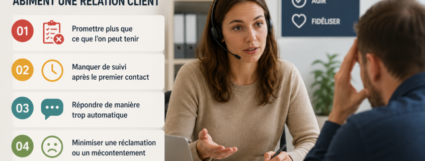 Échange professionnel entre un conseiller et un client illustrant les erreurs à éviter dans la relation client